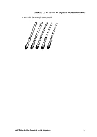 Kode Modul : KK. 47. E.1 :Jenis dan Fungsi Pahat Bubut Serta Perawatannya

? menata dan menyimpan pahat.

SMK Bidang Keahlian Seni dan Kriya. PK_ Kriya Kayu

18

 