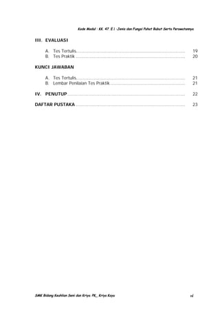 Kode Modul : KK. 47. E.1 :Jenis dan Fungsi Pahat Bubut Serta Perawatannya

III. EVALUASI
A. Tes Tertulis...............................................................................
B. Tes Praktik ...............................................................................

19
20

KUNCI JAWABAN
A. Tes Tertulis...............................................................................
B. Lembar Penilaian Tes Praktik ......................................................

21
21

IV. PENUTUP .....................................................................................

22

DAFTAR PUSTAKA ...............................................................................

23

SMK Bidang Keahlian Seni dan Kriya. PK_ Kriya Kayu

vi

 