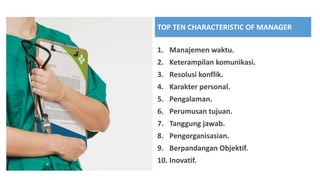 TOP TEN CHARACTERISTIC OF MANAGER
1. Manajemen waktu.
2. Keterampilan komunikasi.
3. Resolusi konflik.
4. Karakter personal.
5. Pengalaman.
6. Perumusan tujuan.
7. Tanggung jawab.
8. Pengorganisasian.
9. Berpandangan Objektif.
10. Inovatif.
 