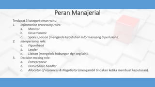 Peran Manajerial
Terdapat 3 kategori peran yaitu:
1. Information processing roles:
a. Monitor
b. Disseminator
c. Spokes person (mengelola kebutuhan informasiyang diperlukan).
2. Interpersonal role:
a. Figurehead
b. Leader
c. Liaison (mengelola hubungan dgn org lain).
3. Decision making role:
a. Entrepreneur
b. Disturbance handler
c. Allocator of resources & Negotiator (mengambil tindakan ketika membuat keputusan).
 