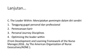 Lanjutan…
C. The Leader Within: Menciptakan pemimpin dalam diri sendiri
1. Tanggung gugat personal dan professional
2. Perencanaan karir
3. Personal Journey Disciplines
4. Optimizing the leader within
(From Development and Learning Framework of the Nurse
Manager,2016 , by The American Organization of Nurse
Excecutives/AONE ).
 