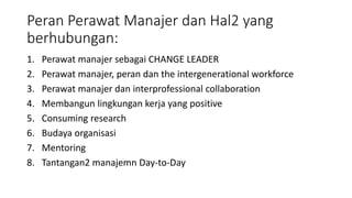Peran Perawat Manajer dan Hal2 yang
berhubungan:
1. Perawat manajer sebagai CHANGE LEADER
2. Perawat manajer, peran dan the intergenerational workforce
3. Perawat manajer dan interprofessional collaboration
4. Membangun lingkungan kerja yang positive
5. Consuming research
6. Budaya organisasi
7. Mentoring
8. Tantangan2 manajemn Day-to-Day
 