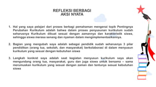 REFLEKSI BERBAGI
AKSI NYATA
1. Hal yang saya pelajari dari proses berbagi pemahaman mengenai topik Pentingnya
Perubahan Kurikulum adalah bahwa dalam proses penyusunan kurikulum sudah
seharusnya Kurikulum dibuat sesuai dengan zamannya dan karakteristik siswa,
sehingga siswa merasa senang dan nyaman dalam mengimplementasikannya.
2. Bagian yang mengubah saya adalah sebagai pendidik sudah seharusnya 3 pilar
pendidikan (orang tua, sekolah, dan masyarakat) berkolaborasi di dalam menyusun
kurikulum yang sesuai dengan kebutuhan siswa
3. Langkah konkret saya adalah saat kegiatan menyusun kurikulum saya akan
mengundang orang tua, masyarakat, guru dan juga siswa untuk bersama – sama
merumuskan kurikulum yang sesuai dengan zaman dan tentunya sesuai kebutuhan
siswa
 