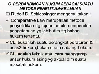 C. PERBANDINGAN HUKUM SEBAGAI SUATU
METODE PENELITIAN/KEILMUAN
 Rudolf D. Schlessinger mengemukakan :
 Comparative Law merupakan metode
penyelidikan dg tujuan untuk memperoleh
pengetahuan yg lebih dlm ttg bahan
hukum tertentu.
CL, bukanlah suatu perangkat peraturan &
asas2 hukum,bukan suatu cabang hukum.
CL, adalah teknik atau cara menggarap
unsur hukum asing yg aktual dlm suatu
masalah hukum.
 