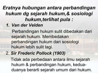 Eratnya hubungan antara perbandingan
hukum dg sejarah hukum,& sosiologi
hukum,terlihat pula :
1. Van der Velden
Perbandingan hukum sulit dibedakan dari
sejarah hukum. Membedakan
perbandingan hukum dari sosiologi
hukum lebih sulit lagi.
2. Sir Frederic Pollock (1903)
Tidak ada perbedaan antara ilmu sejarah
hukum & perbandingan hukum, kedua-
duanya berarti sejarah umum dari hukum.
 