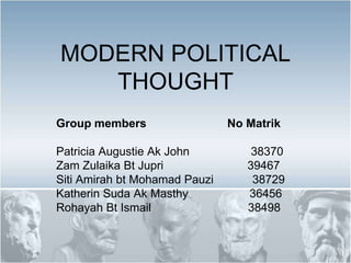 MODERN POLITICAL
THOUGHT
Group members

Patricia Augustie Ak John
Zam Zulaika Bt Jupri
Siti Amirah bt Mohamad Pauzi
Katherin Suda Ak Masthy
Rohayah Bt Ismail

No Matrik

38370
39467
38729
36456
38498

 
