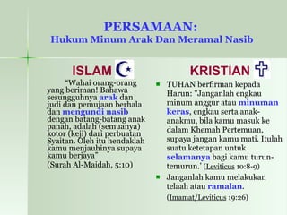 PERSAMAAN:   Hukum Minum Arak Dan Meramal Nasib ISLAM “ Wahai orang-orang yang beriman! Bahawa sesungguhnya  arak  dan judi dan pemujaan berhala dan  mengundi nasib  dengan batang-batang anak panah, adalah (semuanya) kotor (keji) dari perbuatan Syaitan. Oleh itu hendaklah kamu menjauhinya supaya kamu berjaya”  (Surah Al-Maidah, 5:10) KRISTIAN TUHAN berfirman kepada Harun: "Janganlah engkau minum anggur atau  minuman keras , engkau serta anak-anakmu, bila kamu masuk ke dalam Khemah Pertemuan, supaya jangan kamu mati. Itulah suatu ketetapan untuk  selamanya  bagi kamu turun-temurun.’  ( Leviticus  10:8-9) Janganlah kamu melakukan telaah atau  ramalan .  ( Imamat/Leviticus  19:26) 
