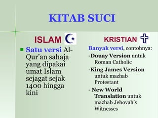 KITAB SUCI   ISLAM Satu versi  Al-Qur’an sahaja yang dipakai umat Islam sejagat sejak 1400 hingga kini KRISTIAN Banyak versi , contohnya:  - Douay Version  untuk Roman Catholic  - King James Version  untuk mazhab Protestant  -  New World Translation  untuk mazhab Jehovah’s Witnesses 