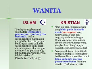WANITA   ISLAM “ Sesiapa yang beramal soleh, dari  lelaki atau perempuan, sedang dia beriman,  maka sesungguhnya Kami akan menghidupkan dia dengan kehidupan yang baik dan sesungguhnya kami akan membalas mereka, dengan memberikan pahala yang lebih dari apa yang mereka telah kerjakan.”   (Surah An-Nahl, 16:97) KRISTIAN “ Dan aku menemukan sesuatu yang  lebih pahit daripada maut:   perempuan  yang hatinya adalah jerat dan tangannya adalah belenggu. Orang yang diperkenan Allah terhindar darinya, tetapi orang yang berdosa ditangkapnya. ( Pengkhotbah/Ecclesiastes  7:26) “ yang masih kucari tetapi tidak kudapati, kudapati seorang laki-laki benar di antara seribu, tetapi  tidak kudapati seorang perempuan benar  di antara mereka. ( Ecclesiastes  7:28) 