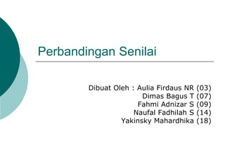 Perbandingan Senilai
Dibuat Oleh : Aulia Firdaus NR
Dimas Bagus T
Fahmi Adnizar S
Naufal Fadhilah S
Yakinsky Mahardhika

(03)
(07)
(09)
(14)
(18)

 