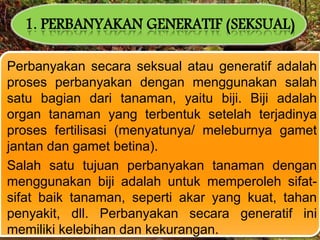 1. PERBANYAKAN GENERATIF (SEKSUAL)
Perbanyakan secara seksual atau generatif adalah
proses perbanyakan dengan menggunakan salah
satu bagian dari tanaman, yaitu biji. Biji adalah
organ tanaman yang terbentuk setelah terjadinya
proses fertilisasi (menyatunya/ meleburnya gamet
jantan dan gamet betina).
Salah satu tujuan perbanyakan tanaman dengan
menggunakan biji adalah untuk memperoleh sifat-
sifat baik tanaman, seperti akar yang kuat, tahan
penyakit, dll. Perbanyakan secara generatif ini
memiliki kelebihan dan kekurangan.
 