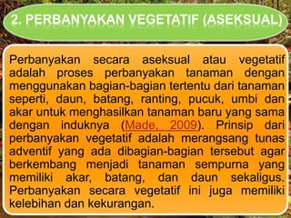 2. PERBANYAKAN VEGETATIF (ASEKSUAL)
Perbanyakan secara aseksual atau vegetatif
adalah proses perbanyakan tanaman dengan
menggunakan bagian-bagian tertentu dari tanaman
seperti, daun, batang, ranting, pucuk, umbi dan
akar untuk menghasilkan tanaman baru yang sama
dengan induknya (Made, 2009). Prinsip dari
perbanyakan vegetatif adalah merangsang tunas
adventif yang ada dibagian-bagian tersebut agar
berkembang menjadi tanaman sempurna yang
memiliki akar, batang, dan daun sekaligus.
Perbanyakan secara vegetatif ini juga memiliki
kelebihan dan kekurangan.
 