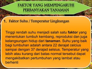 FAKTOR YANG MEMPENGARUHI
PERBANYAKAN TANAMAN
1. Faktor Suhu / Temperatur Lingkungan
Tinggi rendah suhu menjadi salah satu faktor yang
menentukan tumbuh kembang, reproduksi dan juga
kelangsungan hidup dari tanaman. Suhu yang baik
bagi tumbuhan adalah antara 22 derajat celcius
sampai dengan 37 derajad selsius. Temperatur yang
lebih atau kurang dari batas normal tersebut dapat
mengakibatkan pertumbuhan yang lambat atau
berhenti
 