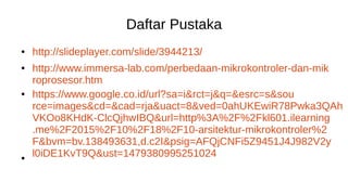 Daftar Pustaka
● http://slideplayer.com/slide/3944213/
● http://www.immersa-lab.com/perbedaan-mikrokontroler-dan-mik
roprosesor.htm
● https://www.google.co.id/url?sa=i&rct=j&q=&esrc=s&sou
rce=images&cd=&cad=rja&uact=8&ved=0ahUKEwiR78Pwka3QAh
VKOo8KHdK-ClcQjhwIBQ&url=http%3A%2F%2Fkl601.ilearning
.me%2F2015%2F10%2F18%2F10-arsitektur-mikrokontroler%2
F&bvm=bv.138493631,d.c2I&psig=AFQjCNFi5Z9451J4J982V2y
l0iDE1KvT9Q&ust=1479380995251024●
 