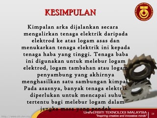KESIMPULANKESIMPULAN
Kimpalan arka dijalankan secara
mengalirkan tenaga elektrik daripada
elektrod ke atas logam asas dan
menukarkan tenaga elektrik ini kepada
tenaga haba yang tinggi. Tenaga baba
ini digunakan untuk melebur logam
elektrod, logam tambahan atau logam
penyambung yang akhirnya
menghasilkan satu sambungan kimpal.
Pada asasnya, banyak tenaga elektrik
diperlukan untuk mencapai suhu
tertentu bagi melebur logam dalam
jangka masa yang pendek
14
 