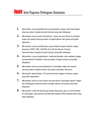 Objektif Sektor Pengurusan Pembangunan Kemanusiaan
1. Memastikan semua perkhidmatan yang berkaitan dengan Hal Ehwal pelajar
disempurnakan mengikut tempoh-tempoh yang telah ditetapkan.
2. Memastikan semua urusan kokurikulum, Sukan dan permainan di peringkat
negeri dan daerah disempurnakan mengikut takwim dan jadual yang telah
diluluskan.
3. Memastikan urusan perkhidmatan yang berkaitan dengan bantuan pelajar
(biasiswa, SPBT, RMT, KWAPM, One-Off dan Baucar Tuisyen)
disempurnakan mengikut tempoh-tempoh yang telah ditetapkan.
4. Memastikan urusan penghantaran maklumat berkaitan data salahlaku pelajar
ke kementerian Pendidikan disempurnakan mengikut tempoh yang telah
ditetapkan.
5. Memastikan semua urusan kokurikulum di peringkat negeri dan daerah
disempurnakan mengikut takwim dan jadual yang telah diluluskan.
6. Memastikan aktiviti-aktiviti di Pusat Kokurikulum Negeri di laksana seperti
yang telah dijadualkan.
7. Memastikan semua urusan Sukan dan permainan di peringkat daerah, Negeri
dan Kebangsaan disempurnakan mengikut takwim dan jadual yang telah
diluluskan.
8. Memastikan maklumat berhubung dengan keputusan ujian urin dan tindakan
ke atas pelajar yang berisiko dimaklumkan kepada KPM mengikut tarikh yang
telah ditetapkan.
 