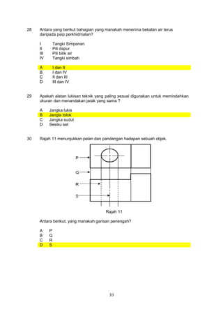 10
28 Antara yang berikut bahagian yang manakah menerima bekalan air terus
daripada paip perkhidmatan?
I Tangki Simpanan
II Pili dapur
III Pili bilik air
IV Tangki simbah
A I dan II
B I dan IV
C II dan III
D III dan IV
29 Apakah alatan lukisan teknik yang paling sesuai digunakan untuk memindahkan
ukuran dan menandakan jarak yang sama ?
A Jangka lukis
B Jangla tolok
C Jangka sudut
D Sesiku set
30 Rajah 11 menunjukkan pelan dan pandangan hadapan sebuah objek.
Rajah 11
Antara berikut, yang manakah garisan penengah?
A P
B Q
C R
D S
 