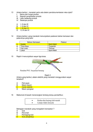 4
13 Antara berikut, manakah perlu ada dalam pendokumentasian reka cipta?
I Nama dan fungsi produk
II Sejarah penghasilan produk
III Latar belakang produk
IV Deskripsi produk
A I, II dan III
B I, II dan IV
C I, III dan IV
D II, III dan IV
14 Antara berikut, yang manakah menunjukkan padanan bahan kemasan dan
pelarutnya yang betul
Bahan Kemasan Pelarut
A Syelek Spirit Metil
B Tona Kayu Turpentin
C Cat Licau Thinner
D Lekar Spirit Metil
15 Rajah 4 menunjukkan wayar tiga teras
Rajah 2
Antara yang berikut, alatan elektrik yang manakah menggunakan wayar
tersebut?
A Peti sejuk
B Mesin basuh
C Cerek elektrik
D Mesin pengisar
16 Maklumat di bawah menerangkan tentang lampu pendarflour.
Bahagian manakah yang mengalami kerosakan ?
A Cok
B Perumah
C Pemegang tiub
D Suis penghidup
Penebat PVC Anyaman benang
• Kedua-dua hujung tiub merah
• Lampu tidak menyala
 