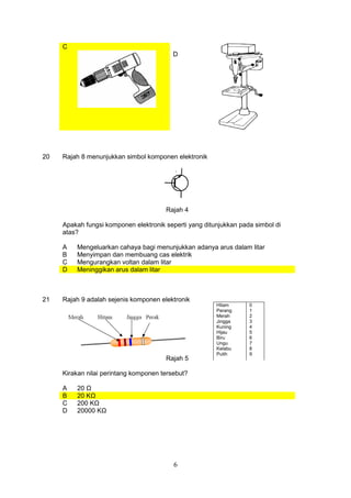 6
C
D
20 Rajah 8 menunjukkan simbol komponen elektronik
Rajah 4
Apakah fungsi komponen elektronik seperti yang ditunjukkan pada simbol di
atas?
A Mengeluarkan cahaya bagi menunjukkan adanya arus dalam litar
B Menyimpan dan membuang cas elektrik
C Mengurangkan voltan dalam litar
D Meninggikan arus dalam litar
21 Rajah 9 adalah sejenis komponen elektronik
Rajah 5
Kirakan nilai perintang komponen tersebut?
A 20
B 20 K
C 200 K
D 20000 K
Hitam
Perang
Merah
Jingga
Kuning
Hijau
Biru
Ungu
Kelabu
Putih
0
1
2
3
4
5
6
7
8
9
 