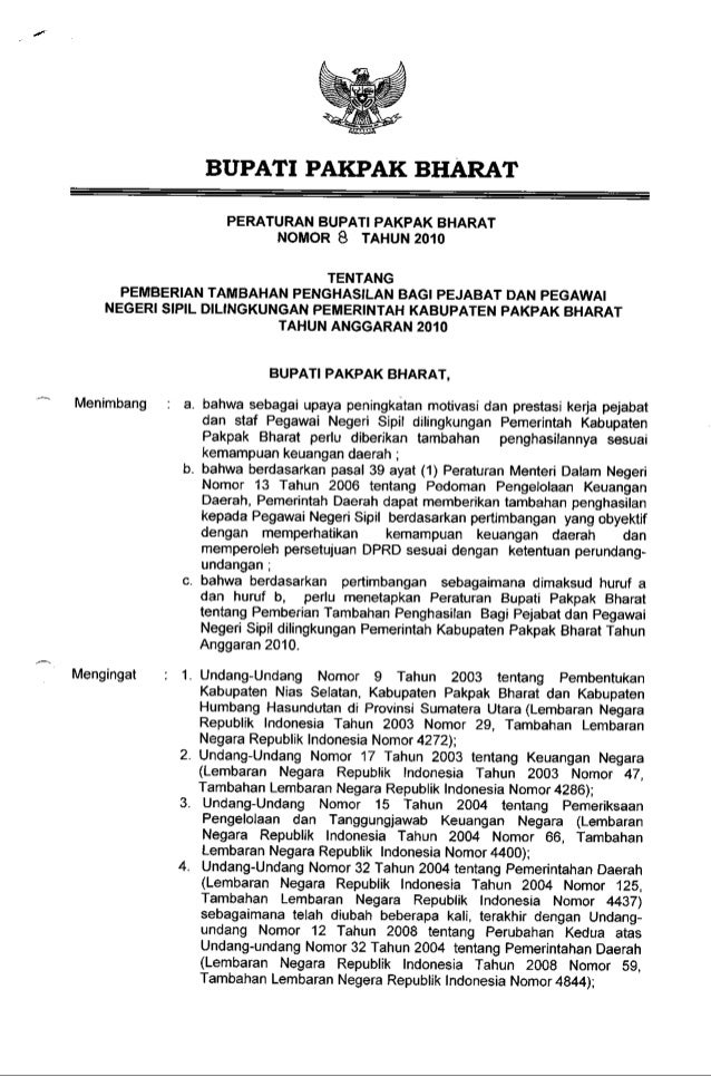 Perbup No 8 Ttg Pemberian Tambahan Penghasilan Bagi Pejabat Dan Pns