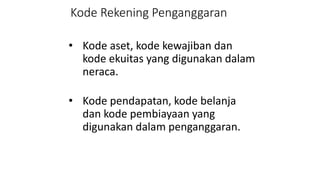 Kode Rekening Penganggaran 
• Kode aset, kode kewajiban dan 
kode ekuitas yang digunakan dalam 
neraca. 
• Kode pendapatan, kode belanja 
dan kode pembiayaan yang 
digunakan dalam penganggaran. 
