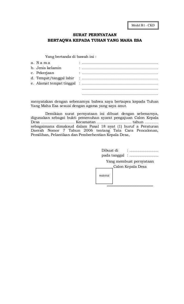 Contoh Surat Pernyataan Bertaqwa Kepada Tuhan Yang Maha Esa Contoh Surat