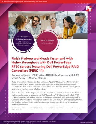 Finish Hadoop workloads faster and with
higher throughput with Dell PowerEdge
R750 servers featuring Dell PowerEdge RAID
Controllers (PERC 11)
Compared to an HPE ProLiant DL380 Gen9 server with HPE
Smart Array P440ar Controller
If your organization relies on big data analysis in Apache™
Hadoop®
to inform everyday
decision-making, your servers must be able to process large amounts of data quickly.
The faster the data analysis, the more likely it is that your decision-makers are using more
recent—and therefore more valuable—data.
Here at Principled Technologies, we used the TeraSort benchmark to measure the Apache
Hadoop performance of two servers: a Dell™
PowerEdge™
R750 server with a Dell PERC
11 RAID controller, and an HPE ProLiant DL380 Gen9 server with HPE Smart Array P440ar
Controller. The PowerEdge R750 server, featuring the Dell PERC 11 RAID controller, finished
the TeraSort workload faster and offered stronger throughput, delivering overall better
Hadoop performance.
*Dell PowerEdge R750 server with Dell PERC 11 RAID controller vs. HPE ProLiant DL380 Gen9 server with HPE Smart Array
P440ar Controller
Speed completion
of Hadoop workloads
27% less time to
complete a TeraSort disk-
intensive workload*
Boost throughput
36% more GB/s*
January 2023 (Revised)
Finish Hadoop workloads faster and with higher throughput with Dell PowerEdge R750 servers
featuring Dell PowerEdge RAID Controllers (PERC 11)
A Principled Technologies report: Hands-on testing. Real-world results.
 