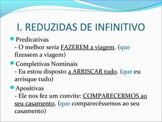 I. REDUZIDAS DE INFINITIVO
Predicativas
- O melhor seria FAZEREM a viagem. (que
fizessem a viagem)
Completivas Nominais
- Eu estou disposto a ARRISCAR tudo. (que eu
arrisque tudo)
Apositivas
- Ele nos fez um convite: COMPARECERMOS ao
seu casamento. (que comparecêssemos ao seu
casamento)
 