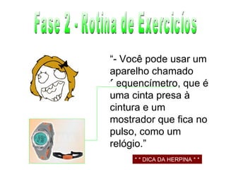 Fase 2 - Rotina de Exercicíos “ - Você pode usar um aparelho chamado frequencímetro, que é uma cinta presa à cintura e um mostrador que fica no pulso, como um relógio.” * * DICA DA HERPINA * * 