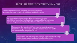 PROSES TERBENTUKNYA KEPERCAYAAN DIRI
Terbentuknya kepribadian yang baik sesuai dengan proses
perkembangan yang melahirkan kelebihan kelebihan tertentu.
Pemahaman seseorang terhadap kelebihan-kelebihan yang
dimilikinya dan melahirkan keyakinan kuat untuk bisa berbuat segala
sesuatu dengan memanfaatkan kelebihan-kelebihannya tersebut.
Pemahaman dan reaksi positif seseorang terhadap kelemahan-
kelemahan yang dimilikinya agar tidak menimbulkan rasa rendah
diri atau rasa sulit menyesuaikan diri.
Pengalaman didalam menjalani berbagai aspek kehidupan dengan
menggunakan segala kelebihan yang ada pada dirinya.
 