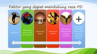 Faktor yang dapat mendukung rasa PD
Keyakinan
Mempunyai
pikiran serta
jiwa yang kuat
Mempunyai
Bakat
Mempunyai
talenta
Yakin bahwa
manusia tidak
ada yang
sempurna
membangun
pandangan
dalam menilai
seseorang
harus positif
thinking
 