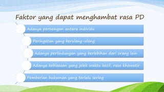 Adanya persaingan antara individu
Peringatan yang berulang-ulang
Adanya perlindungan yang berlebihan dari orang lain
Adanya kebiasaan yang jelek waktu kecil, rasa khawatir
Pemberian hukuman yang terlalu sering
Faktor yang dapat menghambat rasa PD
 