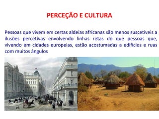 PERCEÇÃO E CULTURA 
Pessoas que vivem em certas aldeias africanas são menos suscetíveis a 
ilusões percetivas envolvendo linhas retas do que pessoas que, 
vivendo em cidades europeias, estão acostumadas a edifícios e ruas 
. 
com muitos ângulos 
