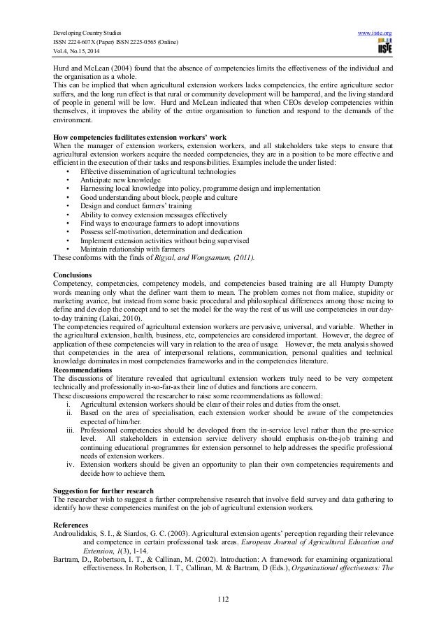 Perceived competencies of agriculture extension workers in extension