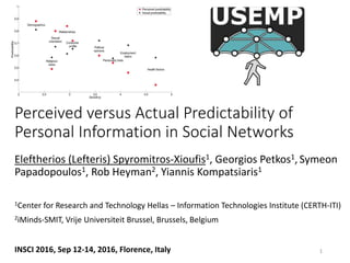 Perceived versus Actual Predictability of
Personal Information in Social Networks
Eleftherios (Lefteris) Spyromitros-Xioufis1, Georgios Petkos1, Symeon
Papadopoulos1, Rob Heyman2, Yiannis Kompatsiaris1
1Center for Research and Technology Hellas – Information Technologies Institute (CERTH-ITI)
2iMinds-SMIT, Vrije Universiteit Brussel, Brussels, Belgium
INSCI 2016, Sep 12-14, 2016, Florence, Italy 1
 