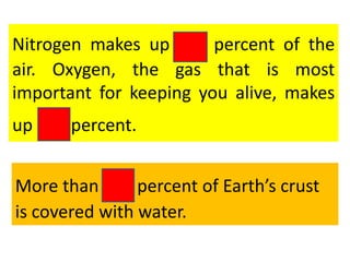 Nitrogen makes up 78 percent of the
air. Oxygen, the gas that is most
important for keeping you alive, makes
up 21 percent.
More than 70 percent of Earth’s crust
is covered with water.

 