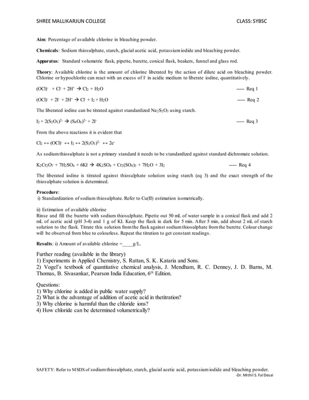 Percentage of available chlorine in bleaching powder. PDF