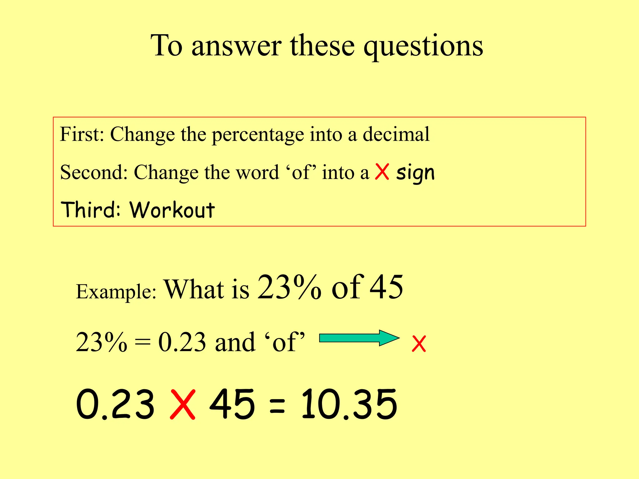 To answer these questions
First: Change the percentage into a decimal
Second: Change the word ‘of’ into a X sign
Third: Workout
Example: What is 23% of 45
23% = 0.23 and ‘of’ X
0.23 X 45 = 10.35
 