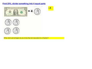 Find 25%, divide something into 4 equal parts
÷4
What other percentages do you know that are equivalent to a fraction?
 