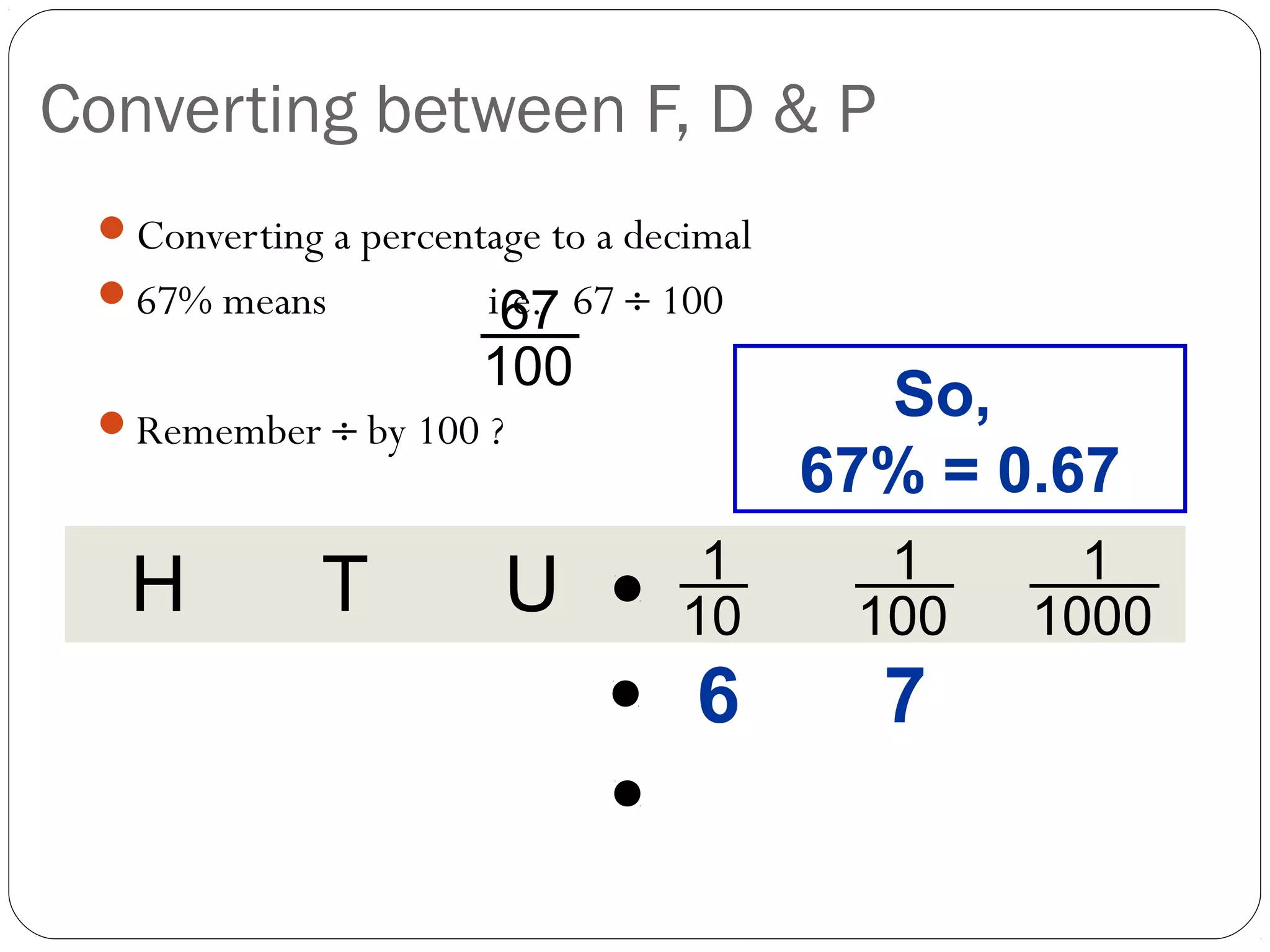 Converting between F, D & P
 Converting a percentage to a decimal
 67% means            i.e. 67 ÷ 100
                        67
                      100
 Remember ÷ by 100 ?
                                           So,
                                         67% = 0.67
                                   1       1      1
  H          T         U          10      100   1000
                                  6        7
 