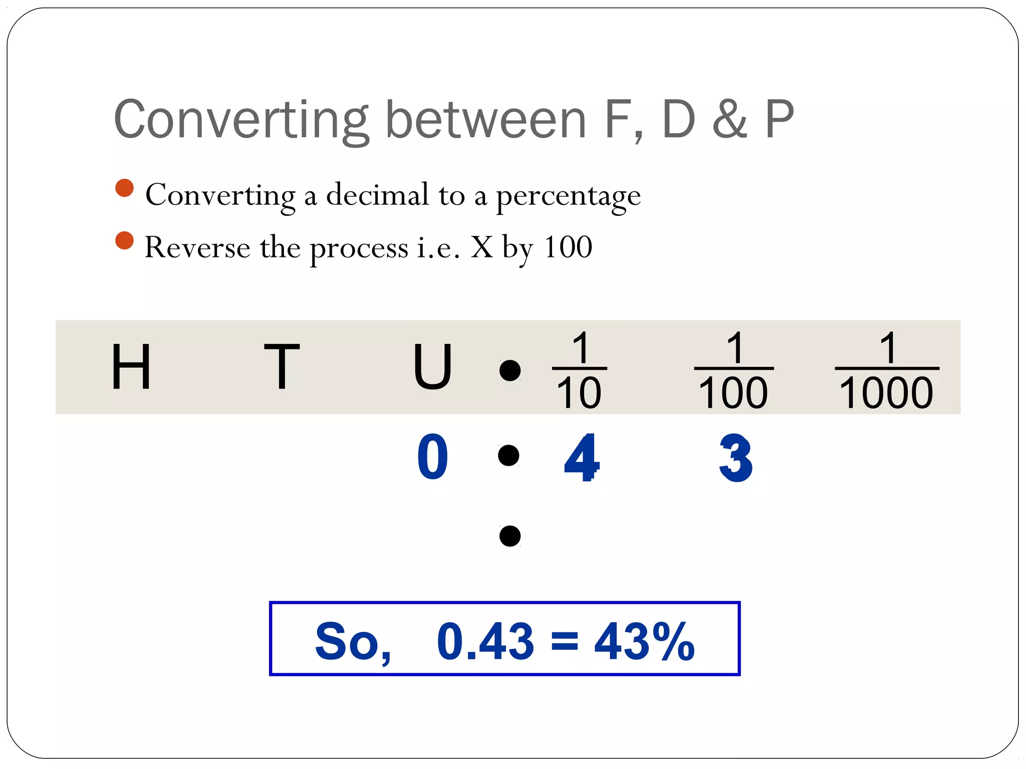 Converting between F, D & P
Converting a decimal to a percentage
Reverse the process i.e. X by 100


                                1        1      1
H         T          U         10       100   1000
                     0         4        3

              So, 0.43 = 43%
 