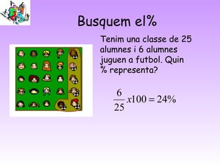 Busquem el%
Tenim una classe de 25
alumnes i 6 alumnes
juguen a futbol. Quin
% representa?
%24100
25
6
=x
 