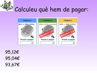 Calculeu què hem de pagar:
95,12€
95,04€
93,67€
 