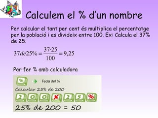 Calculem el % d’un nombre
Per calcular el tant per cent és multiplica el percentatge
per la població i es divideix entre 100. Ex: Calcula el 37%
de 25.
25,9
100
25·37
%2537 ==de
Per fer % amb calculadora
 