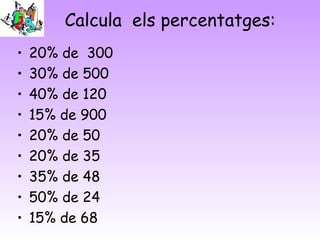 Calcula els percentatges:
• 20% de 300
• 30% de 500
• 40% de 120
• 15% de 900
• 20% de 50
• 20% de 35
• 35% de 48
• 50% de 24
• 15% de 68
 