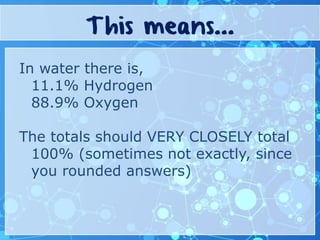 This means...
In water there is,
11.1% Hydrogen
88.9% Oxygen
The totals should VERY CLOSELY total
100% (sometimes not exactly, since
you rounded answers)