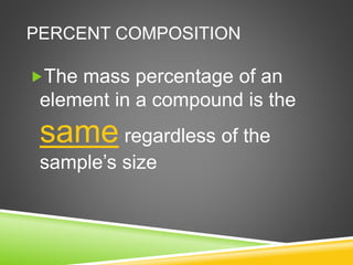 PERCENT COMPOSITION
The mass percentage of an
element in a compound is the
same regardless of the
sample’s size
 