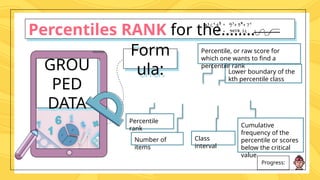 Percentiles RANK for the……..
Progress:
GROU
PED
DATA
Form
ula:
Percentile
rank
Number of
items
Percentile, or raw score for
which one wants to find a
percentile rank
Class
interval
Cumulative
frequency of the
percentile or scores
below the critical
value
Lower boundary of the
kth percentile class
 