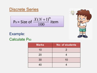 Discrete Series
PX = Size of item
Example:
Calculate P60
100
)1( NX th
Marks No: of students
10 2
20 4
30 10
40 4