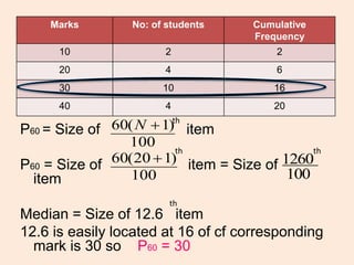 P60 = Size of item
P60 = Size of item = Size of
item
Median = Size of 12.6 item
12.6 is easily located at 16 of cf corresponding
mark is 30 so P60 = 30
Marks No: of students Cumulative
Frequency
10 2 2
20 4 6
30 10 16
40 4 20
100
)1(60 N th
100
)120(60
th
100
1260
th
th
